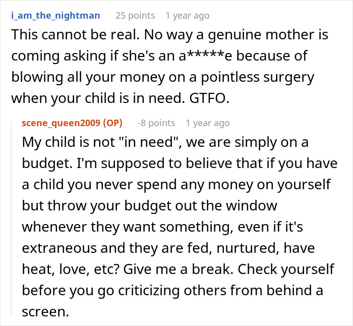 Reddit discussion shows single mom expecting support after spending thousands on plastic surgery, facing harsh online backlash.