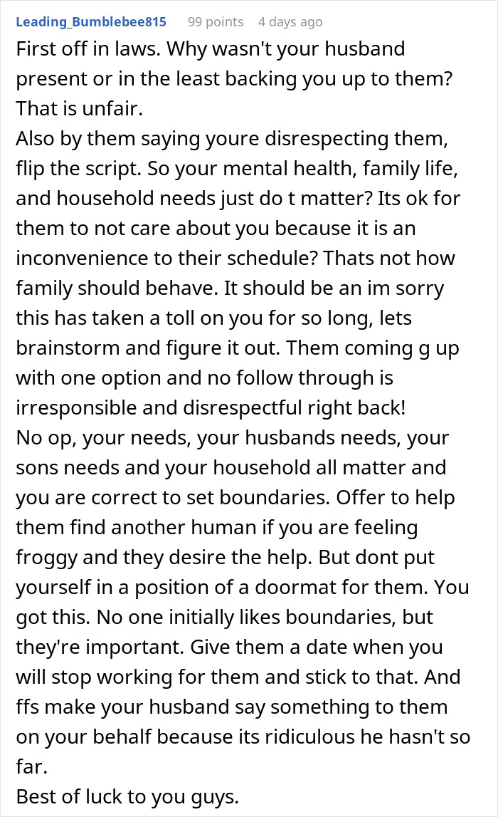 Text message about parents guilt-tripping daughter-in-law who refuses to be their cheap babysitter and setting boundaries.