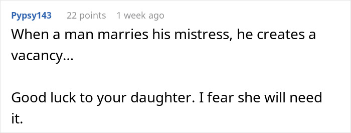 Comment on a forum post discussing a mistress turned wife&rsquo;s concerns about her absentee husband wanting a third child.