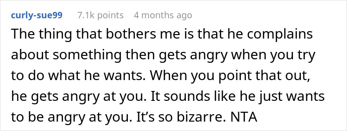 Comment on husband yelling at wife for cooking the same thing after not allowing different ingredients, expressing frustration.