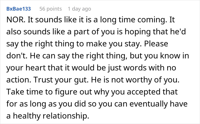 Screenshot of a Reddit comment advising a woman to trust her gut about her marriage after disturbing husband&rsquo;s confession.