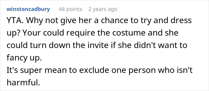 User comment defending excluding friend from ball, debating aesthetics and inclusion in an extravagant event.