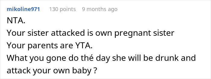 Screenshot of a comment discussing a pregnant woman going no-contact with her sister after a Thanksgiving conflict.