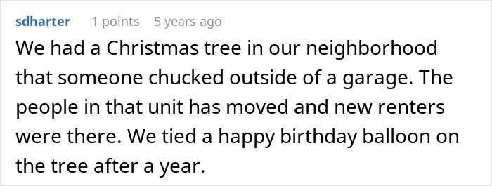 Commenter sharing a story about neighborhood Christmas tree and passive-aggressive message ideas related to a rotting pumpkin.