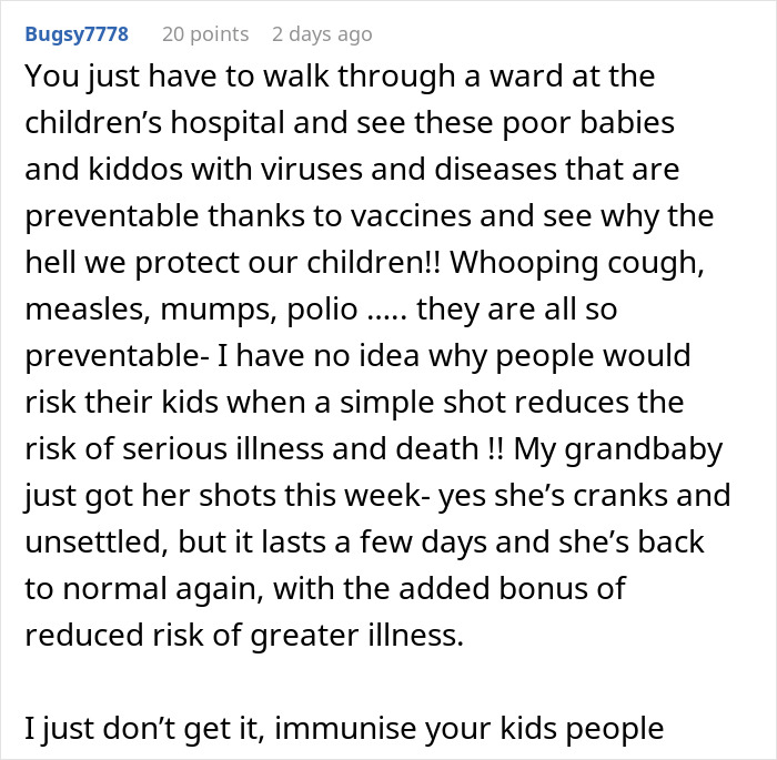 Comment discussing the importance of vaccines to protect children from preventable diseases and illness risks.