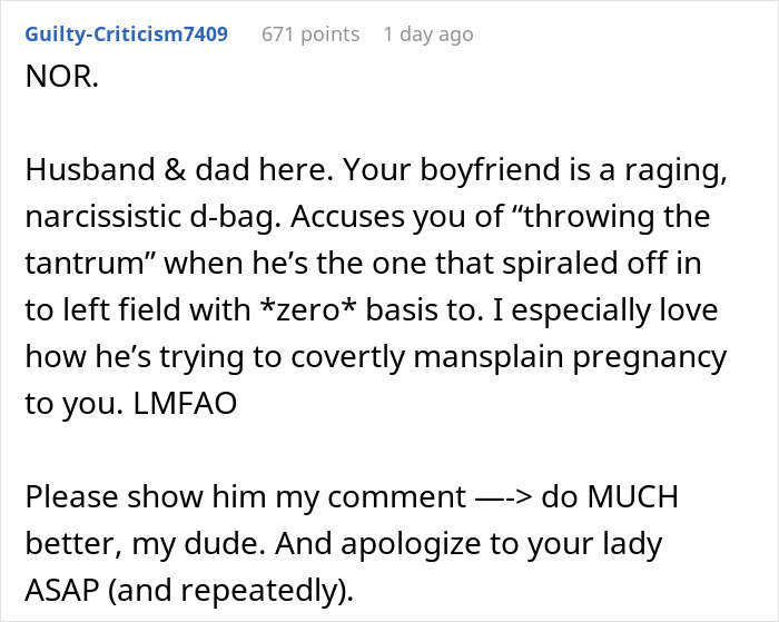 Screenshot of an online comment criticizing a man accusing his pregnant girlfriend of playing the victim when too sore or tired.