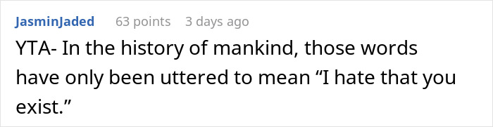 Screenshot of a comment discussing how a woman makes her brother feel like she hates him after he thanks her.