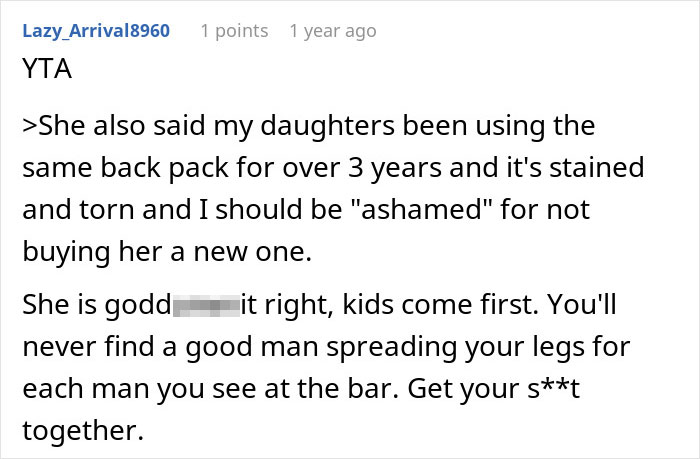 Screenshot of online comment criticizing a single mom about plastic surgery expenses and parenting priorities.