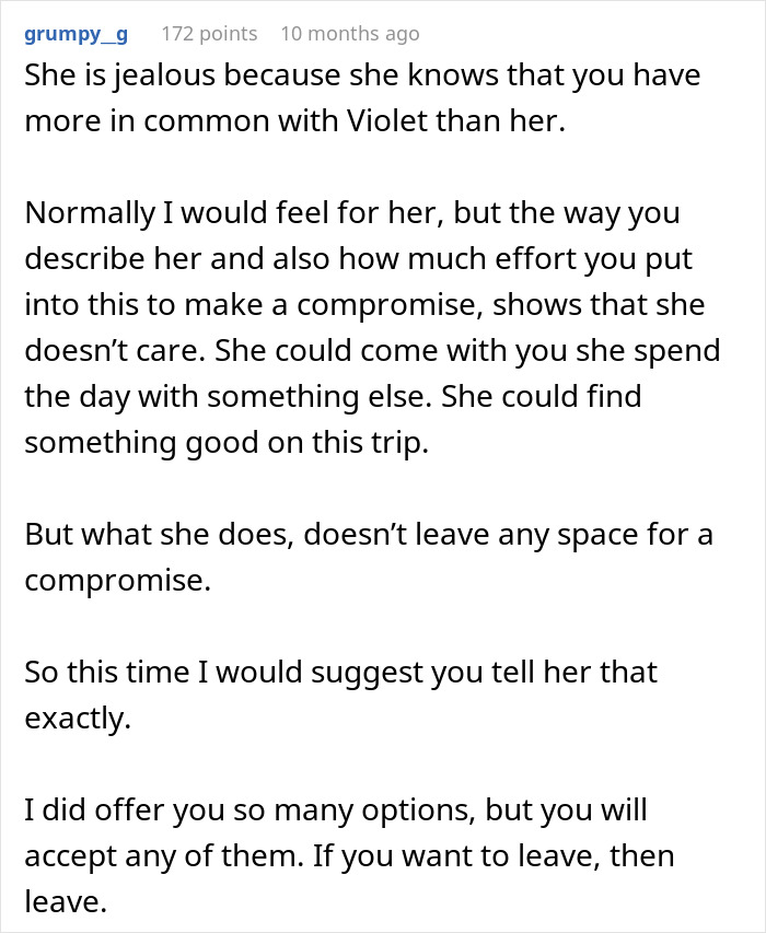 Alt text: Reddit comment discussing GF not wanting BF to go on trip with female friend, causing relationship reconsideration.