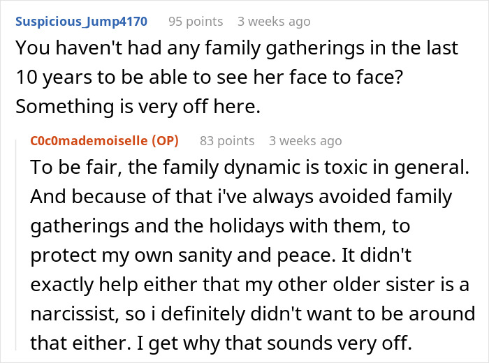 Reddit conversation about sister cutting off sibling for a decade and parents ignoring the sibling feud on Instagram.