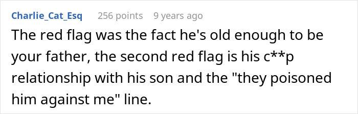 Screenshot of an online comment discussing red flags involving a woman and her boyfriend&rsquo;s grown son interaction.