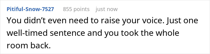 Screenshot of a Reddit comment about work quiet gossip drama, praising a well-timed sentence that silenced the room.
