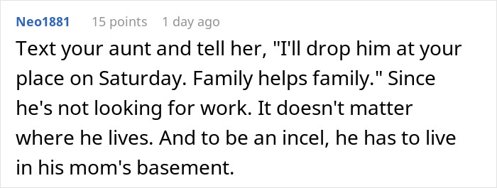Screenshot of a forum comment discussing a guy mooching off his cousin and the family dynamics involved.
