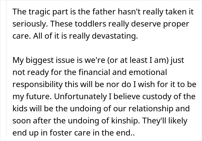 Text excerpt about a woman saving niblings from foster care and her boyfriend rethinking their future together.