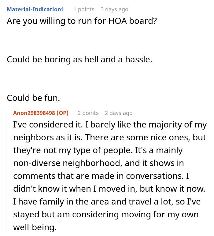 Forum discussion text about challenges of being an HOA board member amid neighborhood conflicts over pet ownership rules.