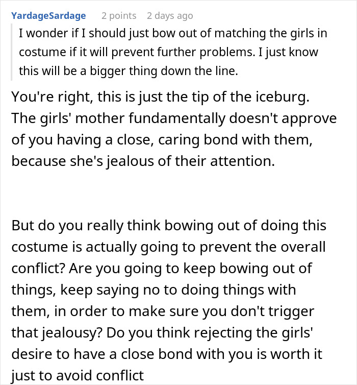 Comment discussing twins wanting to include stepmom in Halloween costume and mother&rsquo;s disapproval of the idea.