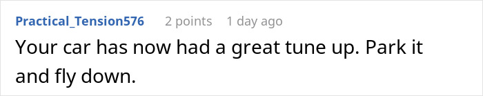 Comment discussing a car tune-up encouraging to park and fly down, related to family separate drive Disneyland.