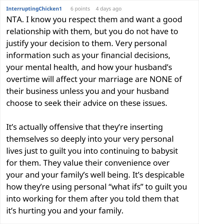 Comment discussing parents guilt-tripping daughter-in-law over refusing to be their cheap babysitter.
