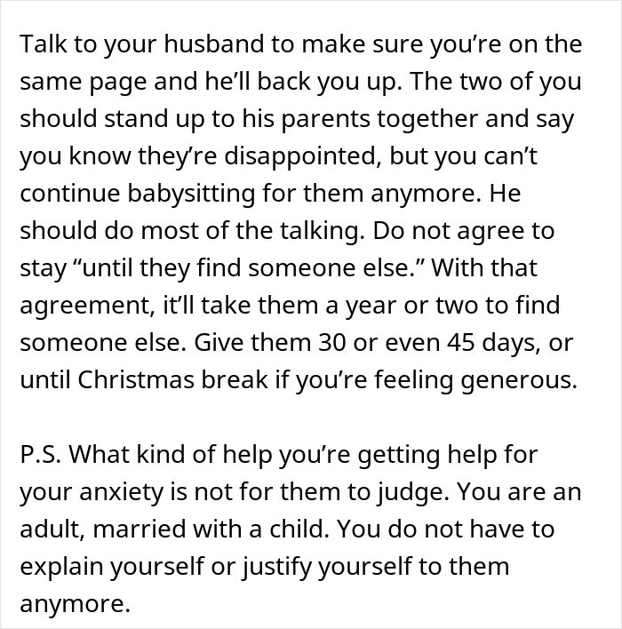 Text advice on handling parents guilt-tripping after daughter-in-law refuses to be a cheap babysitter.