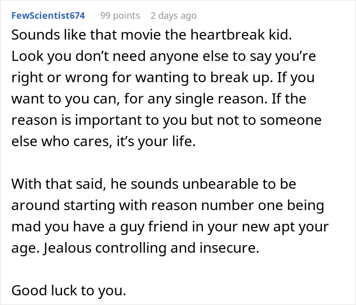 Comment discussing a breakup and controlling behavior revealing a man's true colors during vacation.