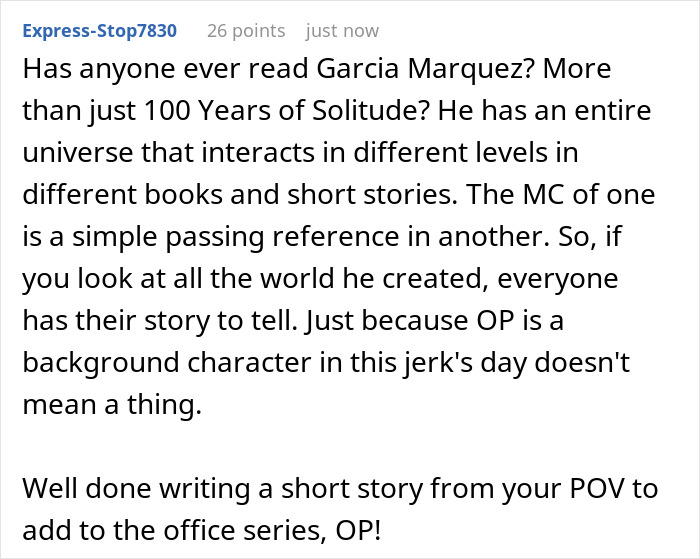 Screenshot of a forum comment discussing quiet work gossip drama and complex character interactions in stories.