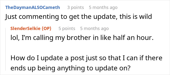 Screenshot of a Reddit conversation showing a user concerned about updating a post with a dad upset about daughter&rsquo;s home.