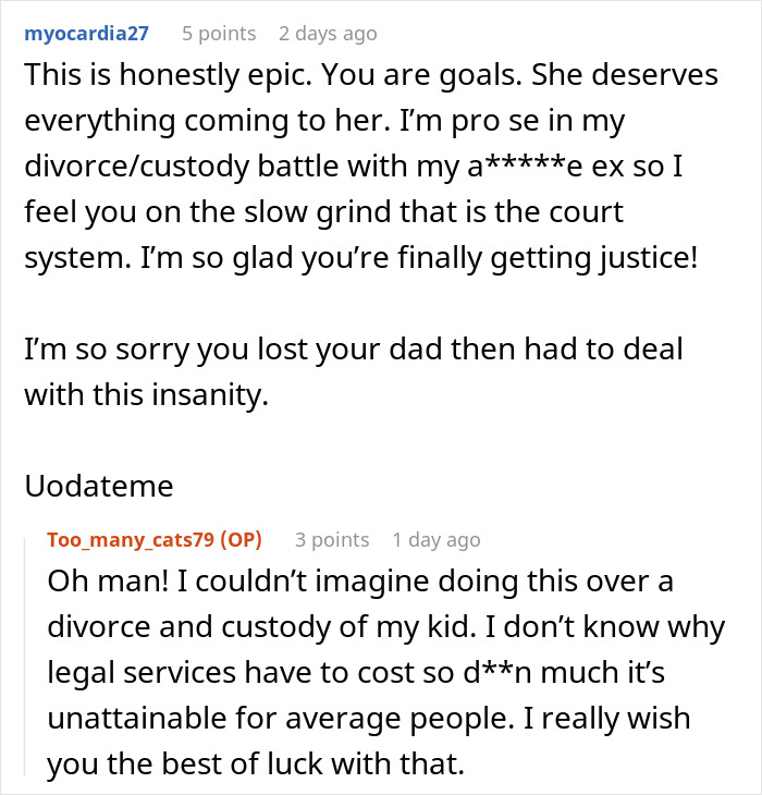 Comments discussing a grieving daughter&rsquo;s determination in a divorce and custody battle against her step-monster.