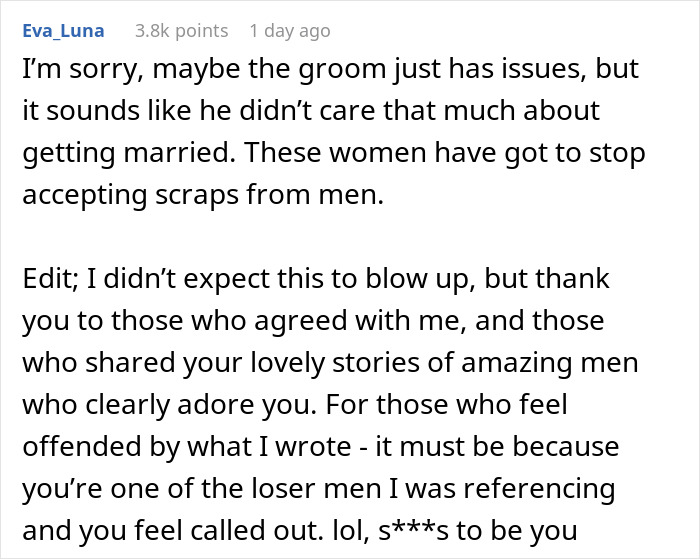 Comment expressing disappointment in the groom and criticism of a Halloween wedding shared by a woman online.