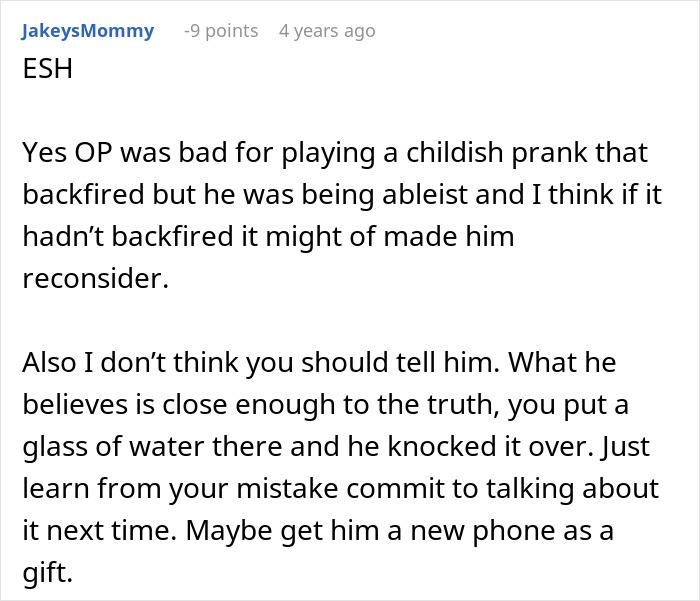 Comment discussing a woman trying to teach her boyfriend empathy, which accidentally leads to his phone being destroyed.