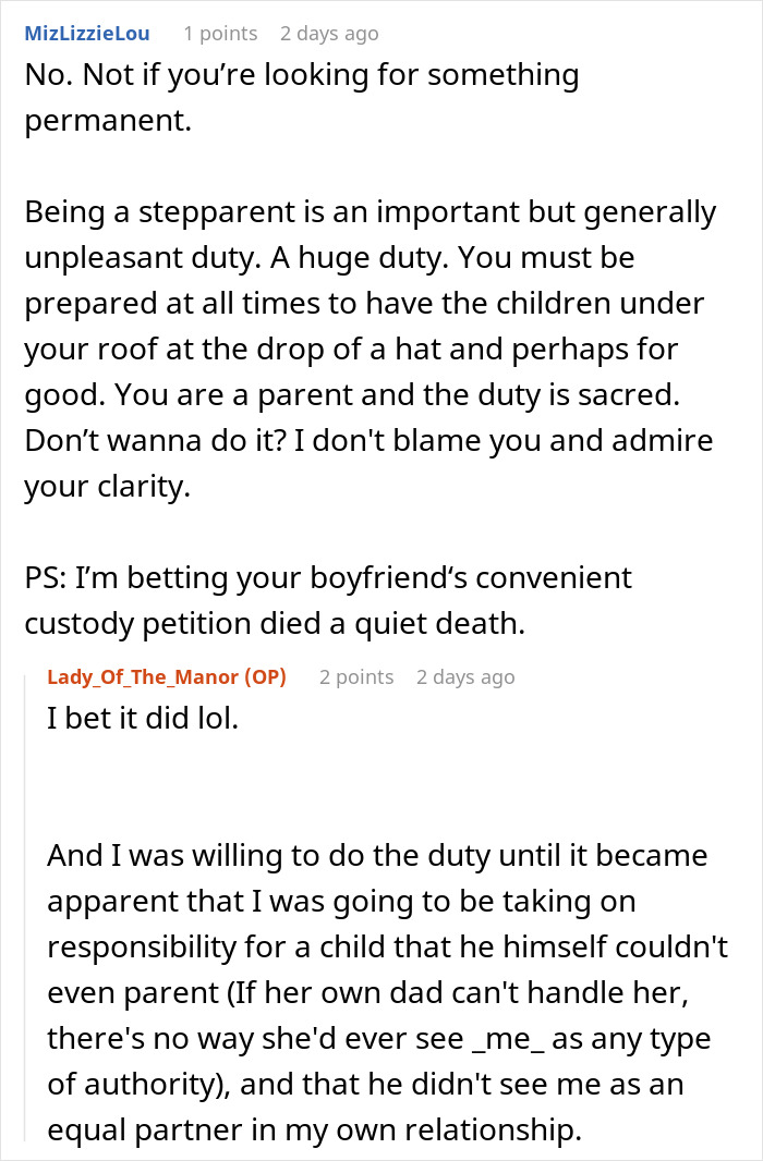 Reddit conversation discussing challenges of dating men with kids and stepparent responsibilities.