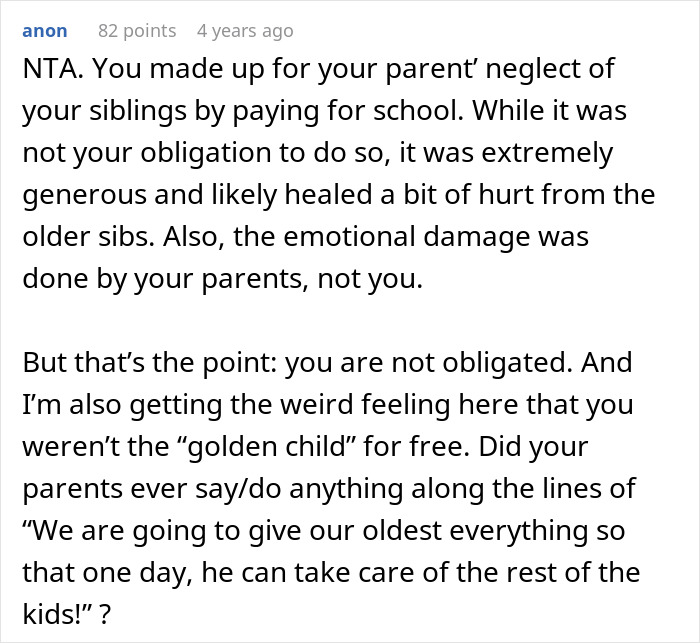 Text comment discussing emotional damage and obligation related to golden child allowance and family trauma issues.