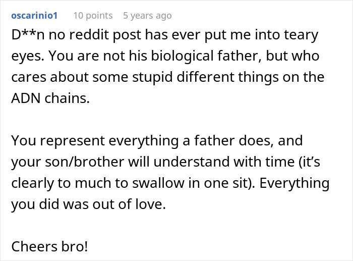 Reddit comment expressing emotional support for a guy wondering if he should tell his son about his real parents.