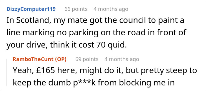 Comments about male Karen blocking neighbor's driveway and discussing costs to paint no parking lines.