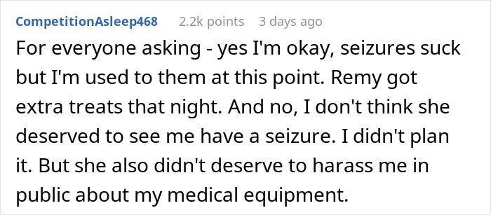 Commenter explains seizure experience and criticizes public harassment over medical equipment and service dog use.