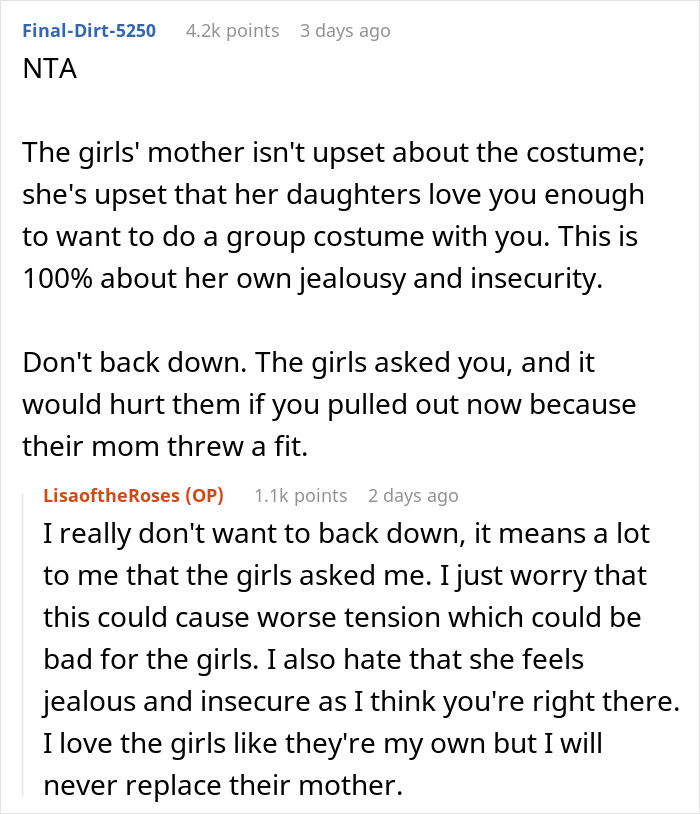 Discussion about twins wanting to include stepmom in group Halloween costume amid mother's objection and family tension.