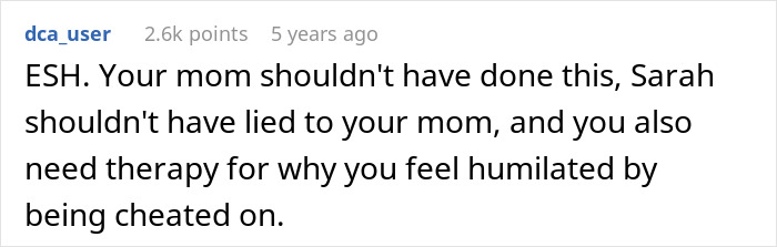 Screenshot of a social media comment discussing a mom&rsquo;s attempt to reconcile her son and his ex-fianc&eacute; causing conflict.