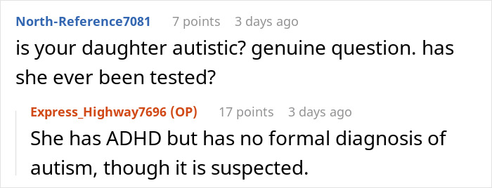 Screenshot of a forum discussion about a daughter suspected of autism and having ADHD but no formal autism diagnosis.