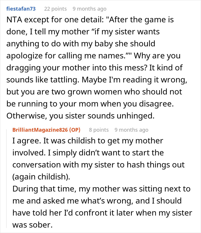 Pregnant woman describing conflict with sister after Thanksgiving, deciding to go no-contact due to family drama and name-calling.