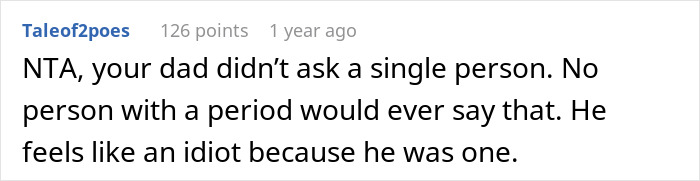 Screenshot of an online comment discussing a clueless dad suggesting paper towel use for swimming on period, called out for silly ideas.