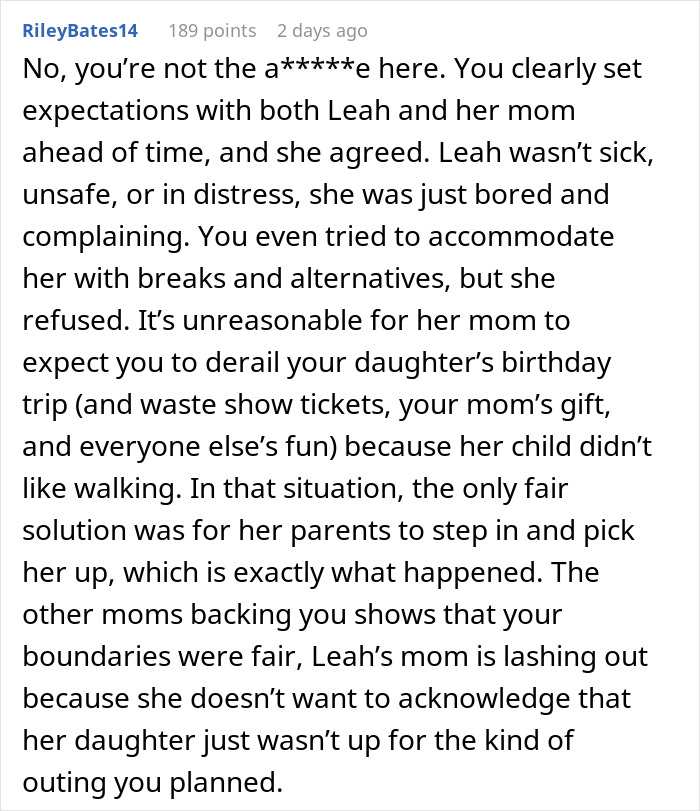 Reddit comment discussing 12-year-old ruining friend&rsquo;s birthday and drama between moms over boredom and going home demands.