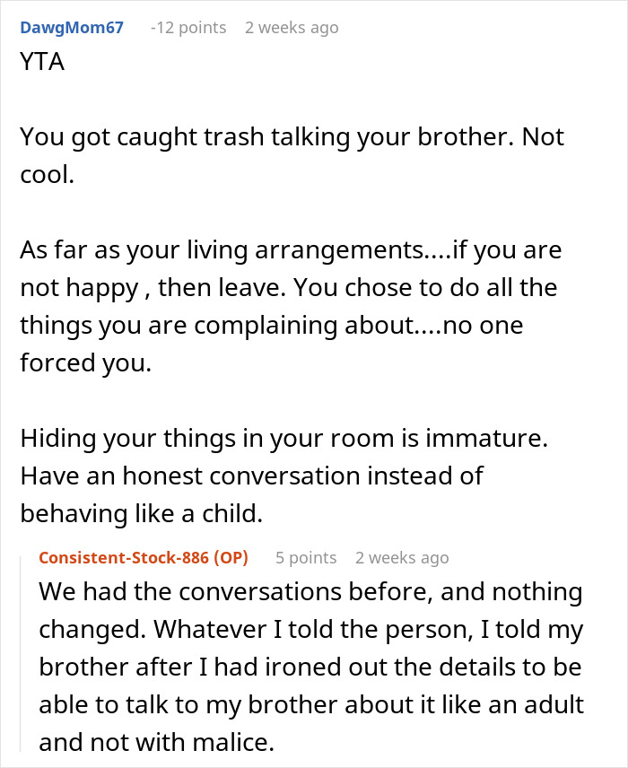 Reddit conversation showing sis venting about useless bro, who loses it, and her teaching him a lesson by doing exactly what he said.
