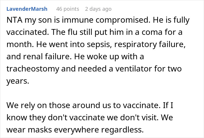 Comment on vaccination concerns from a mother refusing to allow her child near an unvaccinated kid, sparking fallout.