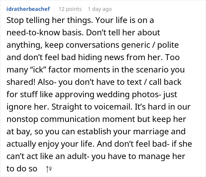 Comment about MIL trying to be center of attention at wedding and being forced to change her outfit discussed online.