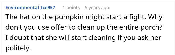 Comment on a forum post about a neighbor's rotting pumpkin causing annoyance and considering a passive-aggressive message.