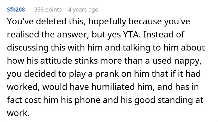 Screenshot of a Reddit comment criticizing a prank that destroyed a phone while trying to teach empathy in a relationship.