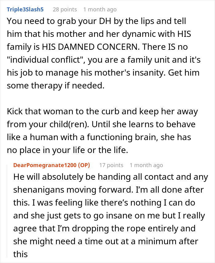 Alt text: Online discussion about a new mom confronting her MIL&rsquo;s unhinged behavior and managing family conflicts.