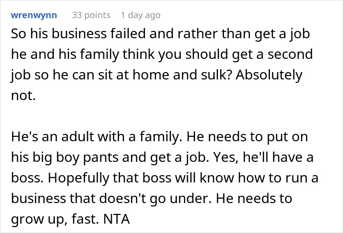 Comment discussing a man refusing to get a job and have a boss after business failure and years of success.