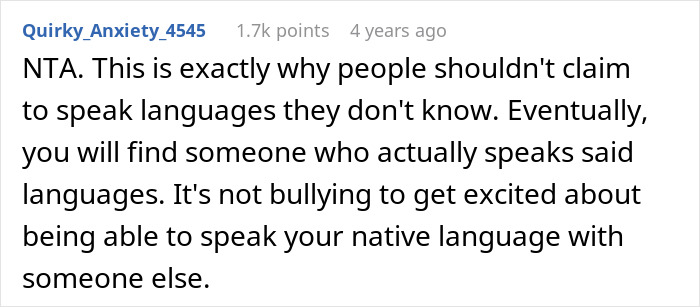 Woman embarrasses new colleague by speaking to her in a language she claimed to know well at work.