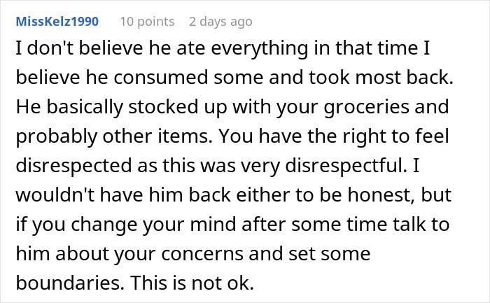 Comment on a forum discussing a friend who ate everything owned, focusing on feelings of disrespect and setting boundaries. Comment on a forum discussing a friend who ate everything owned, focusing on feelings of disrespect and setting boundaries.