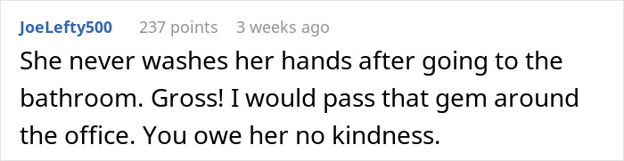Comment about coworker sensitive smells related to stopping washing hands after bathroom use, shared in office discussion thread. Comment about coworker sensitive smells related to stopping washing hands after bathroom use, shared in office discussion thread.